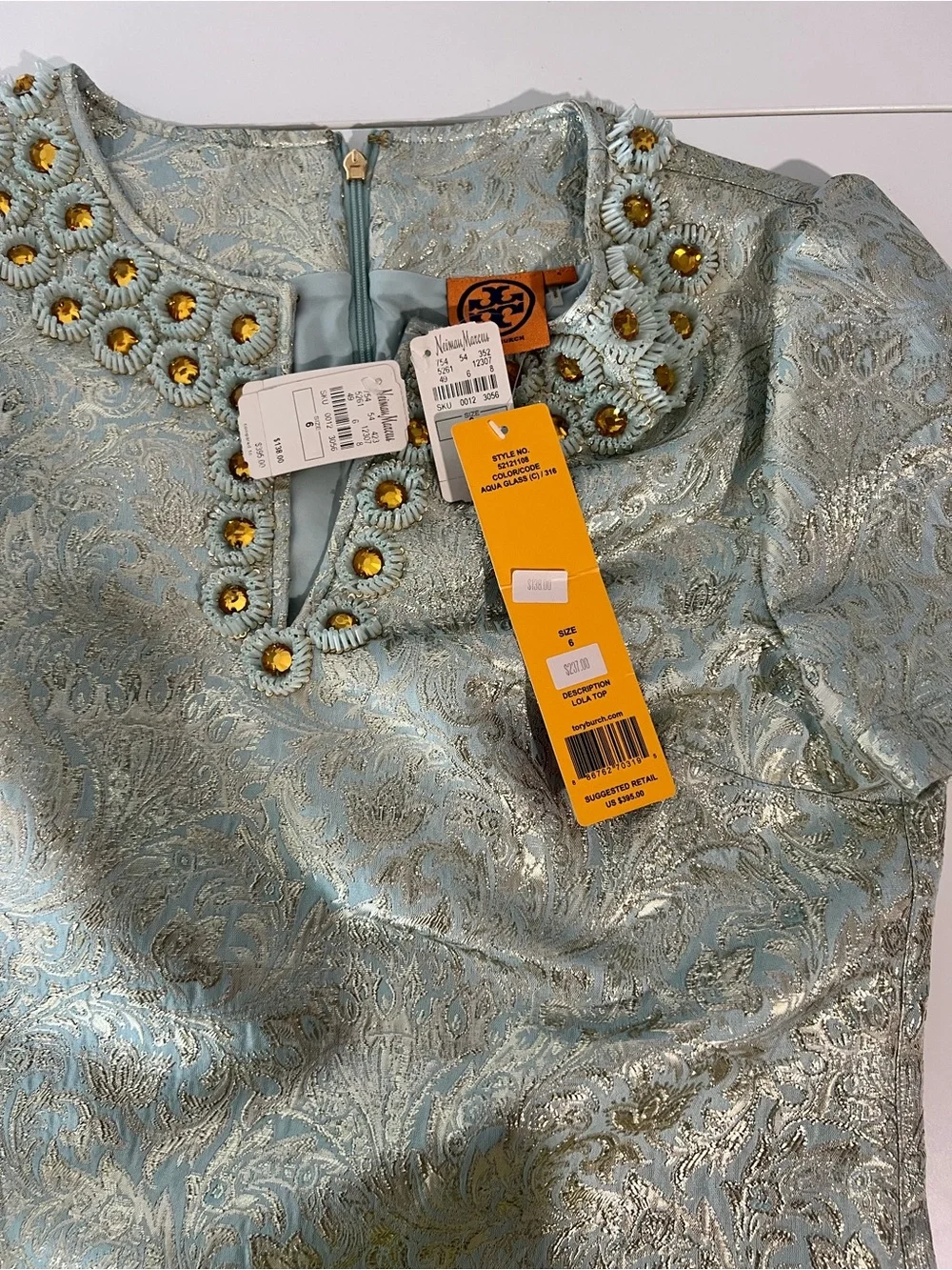 Vintage Tory Burch Lola Seafoam Green Metallic Jacquard Embellished Silk Top 6